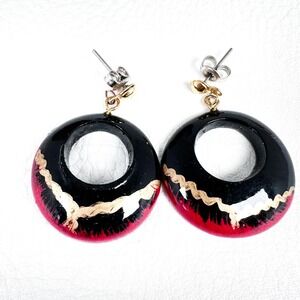 Hand Painted Black Red Gold‎ Leaf Donut Hoop Earrings Resin Dangle Bold